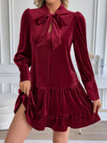 Purpdrank  Autumn Elegant Temperament Solid V Neck Long Sleeve Patchwork Fashion Dresses