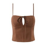 Purpdrank  Sexy Lacing up Bow Collar Camisole Tank Top +  Side Zipper Low Waist Wood ears Front A-lined Short Skirt 2 Pieces 1 Set Coffee