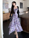 Purpdrank  Spring New Women French Sleeveless Retro Camisole Dress Irregular Mesh Printed Dress Slim Ruffles Long Fairy Dress