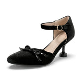 Purpdrank  Big Size 46 Women Pink Velvet Mary Jane Pumps Bow Knot Ankle Strap Kitten Heel Shoes Elegant Pointed Toe Office Dress Shoes