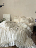 Purpdrank  100% Cotton Vintage French Rose Print Pleat Lace Ruffles Princess Bedding Set Duvet Cover Bed Sheet/Fitted Sheet Pillowcase 4Pcs