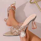 Purpdrank  Elegant Pointed Toe High Heels Slippers Women Summer Fashion Clear Crystal Heel Sandals Woman Shiny Sequins Banquet Party Shoes