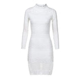Purpdrank  Women's Sexy Lace White Dresses Hollow Out Crochet Long Sleeve Ruffles Midi Dress Casual High Collar Bodycon Party Dress