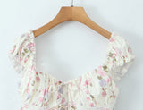 Purpdrank  Summer Puff Sleeve French Floral Printed Shirts Elastic Back Sexy Crop Tops Slim Short Top