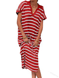 Purpdrank  Women Dress Long Dresses Knitted Turn Down Collar Short Sleeve Print Striped Casual Loose Elegant Splice Summer Vestidos