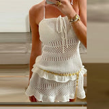 Purpdrank  Fashion Hight Waist Bikini Cover Up Dress Sexy Strapless Hollow Knitted Dress Women Elegant Sleeveless Backless Solid Mini Dress