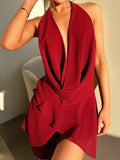 Purpdrank  New Draped Sexy Backless Halter Mini Dress Women's Elegant See Through Deep V Neck Holiday Beach Female Dress