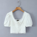 Purpdrank  Sexy Corset White Ruched Chest Spliced Lace V Collar Short Puff Sleeve Shirt Women Drawstring Tie Bow Center Buttons Crop Tops
