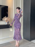 Purpdrank  Sexy Long Sleeve Lace Cheongsam Dress Waist Cinched Maxi Skirt for Women Southeast Asia Cross Border Elegant Commute Style