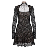 Purpdrank  Elegant Fashion Sexy Lace A-Line Dress See Through Dark Bandage Backless Square Collar Long Sleeve Mini Dresses For Women