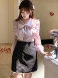 Purpdrank  Autumn Winter Bow Retro Elegant 3 Piece Set Woman Ruffle Design Coat + Polka Dot Mini Retro Skirt Female Korean Popular Clothes