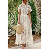 Purpdrank  Elegant Summer Women Bohemian Dress Chic New Short Sleeve Single Breasted Hollow Out Floral Lace Vacation Long Dress