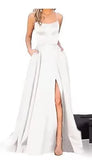 Purpdrank  women's Satin Prom Dresses Spaghetti Straps Backless Long Dress with High Slit Mermaid Formal Party Gown with Pocket Vestido