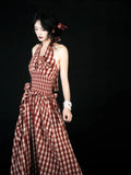 Purpdrank  Vintage Plaid Long Dress Women Vacation Beach Sexy Halter Floral Maxi Dresses Summer Korean Backless Bodycon Vestidos New