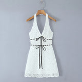 Purpdrank  White Embroidery Hollow Out Hole Lace Halter V Collar Backless Mini Dress Women Ribbon Bow Waist A-lined Short Dresses Robe