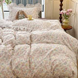 Purpdrank  French Floral Ruffles Princess Bedding Set Double Layer Yarn Pure Cotton Duvet Cover Set Pillowcases Flat/Fitted Bed Sheet 4Pcs