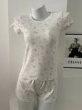 Purpdrank  Floral Print Eyelet T-shirt Shorts Set Women O-neck Slim Tees +Buttons Straight Sweatshort Casual Sweet Cotton Home 2 Pieces Set