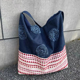 Purpdrank  Splicing Denim Versatile Large Capacity Tote Bag Plate Flower Three-dimensional Embroidery Large Bags