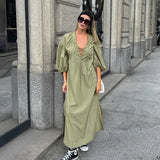 Purpdrank  Bandage Solid Women Dresses Full Sleeve V Neck Lady Dress 2025 Casual Street Lace Up A Line Loose Side Slit Female Robes