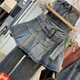 Purpdrank  Summer Girly Feeling High-waisted Denim Skirt Fashion Spice Skirt Europe The United States Women's Group Anti-go Pleated Skirt