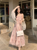 Pink Print French Strap Dress Women Chiffon Elegant Evening Party Midi Dress Female Ruffle Korean Sweet fairy Dress Summer