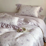 Purpdrank  4Pcs Lyocell Soft Silky Cooling Summer Bedding Set Rose Floral Prints Ruffles Duvet Cover Set Bed Sheet/Fitted Sheet Pillowcases