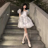 Purpdrank  Princess Style Floral Print Puffy Sleeve Short Dress Women's Summer Tea Break Waist Cinched Bubble Skirt City Walk Dress