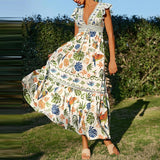 Purpdrank  Tropical Floral Print Season Long Dress Women Sexy V-neck Ruffle Sleeve Holiday Dress Elegant Hight Waist Pleated Party Dresses