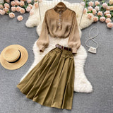 Purpdrank - Autumn Winter Women Two Piece Sets Stand Collar Puff Sleeve Ruffled Tops and Empire Slim Skirt with Belt Office Lady Suits
