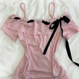 Purpdrank  Harajuku Slash Neck Pink Casual Tshirt Bow Lace Up Off Shoulder Slim Fit Summer Top American Vintage All-match Y2k Aesthetic Tee
