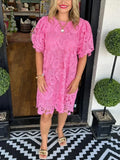 Purpdrank  Women's Floral Lace Puff Sleeve Dress Hollow O Neck Pullover Party Wear Solid Lace Vestidos Sexy Loose Knee Length Casual Basics