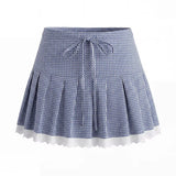 Purpdrank  Sexy Blue Plaid Lapel V neck Short Puff Sleeve Shirt Tank Top + Women Bow Zipper Waist A-line Pleated Mini Skirt 2 Pieces 1 Set