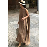 Purpdrank  Summer Solid Women's Tank Dress O-Neck Sleeveless Side Split Korean Straight Long Dresses Female