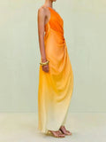 Purpdrank  Women Elegant Gradient Print Halter Maxi Dress Fashion Hight Waist Pleated Slim Long Dress Sexy Sleeveless Backless Gowns Dress