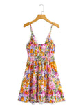Purpdrank  Sexy Colored Flower Print Tide Bow V neck Mini Sling Dress Women Slim Elastic Waist Party Skater Short Sling Robe Holiday
