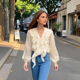 Purpdrank  Women's Long - sleeved V - neck Ruffled Blouse with Puffy Sleeves and Delicate Button - up Detail for a Charming Look