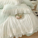 Purpdrank  Green Chiffon Lace Embroidery Bedding Set Home Textile 100%Cotton Solid Color Princess Ruffles Duvet Cover Bed Sheet Pillowcases