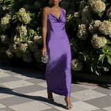 Purpdrank  Elegant Backless Hollow Out Suspender Dress Women Sexy V-neck Sleeveless Satin Long Dress Fashion Hight Waist Pleat Party Dress