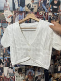 Purpdrank  Twist Flower Knitted Cropped Cardigan T-shirt Women Sexy V-neck Single Breasted Short Sleeve Tees Vintage Simple Cotton Crop Top