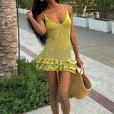 Purpdrank  Fashion Women Green Pleated Knited Mini Dress Sexy Hollow Out Sleeveless Bodycon Dresses Summer Vocation Beach Casual Wear