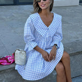 Purpdrank  Fashion Cotton Blue Plaid Dress Casual Lapel Long Sleeve Mini Dresses Elegant Holiday Boho Dress Women Vestidos