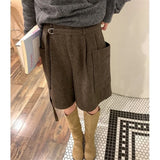 Purpdrank  Korean Plaid Print Woolen Shorts High Waist Wide Leg Shorts Women Office Casual Belted Half Pants Autumn Winter Trousers 529A