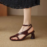 Purpdrank  NEW Summer Women Sandals Split Leather Shoes for Women Square Toe Kitten Heel Shoe Narrow Band Bcukle Strap Shoes Modern Sandals