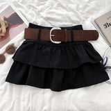 Purpdrank  Tiered Ruffled Mini Skirt with Belt Built-in Shorts Thick Wool High Waisted Short Skirt Women Teen-girl Autumn Winter Y2K Outfit