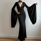 Purpdrank  Gothic Lace Trim Bodycon Dress Elegant Fashion Dark Slim-Fitting Solid Deep V-Neck Long Flare Sleeve Maxi Dresses Women