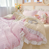 Purpdrank  Princess Style Bedding Sets 2025 Ruffle Lace Quilt Cover Romantic Pink Bed Sheet Sets Woman Girls Bedroom Duvet Cover Set 4pcs