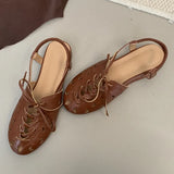 Purpdrank  Retro Hollow Lace-up Low Heel Pumps Women Fashion Roman Style Brand Designer Shoes Comfortable Round Toe Back Strap Casual Shoes