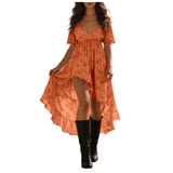 Purpdrank  Women's Retro Western Cowgirl Style Floral Summer Dress V Neck Puff Sleeve High Low Hem Ruffle Flowy Dress Elegant Party Dresses