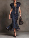 Purpdrank  Women's Striped Mermaid Maxi Dress Lapel Collar Short Sleeve Button Slim Fit High Waist Ruffle Elegant Office Party Long Dresses