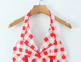 Purpdrank  Sexy Red Plaid Halter Collar Front Hook Buttons Slim Tank Top Women Bow Cross Bandage Lacing Up Back Zipper Camisole Summer Vest